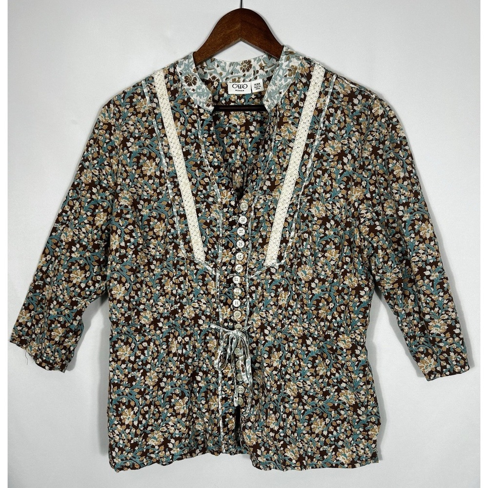 Vintage Peasant Top XL Brown Floral 90s Boho Romantic Prairie Cottage Edwardian
